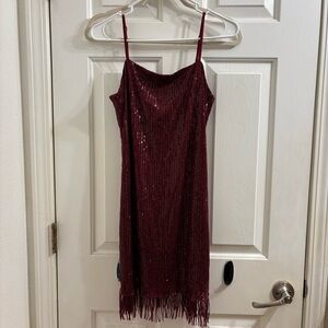 Elegant Burgundy Sequin Fringe Dress